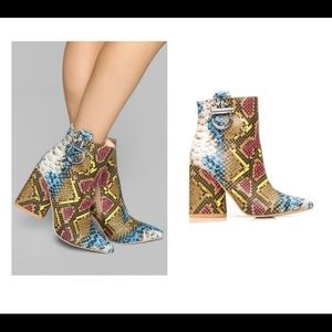 Unworn Fashion Nova Multi Color Snake Skin Booties